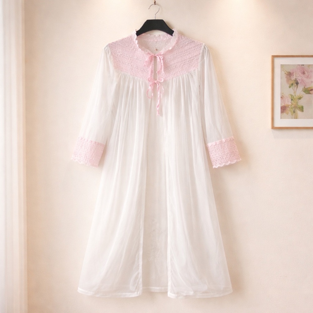 VTG Sears Lace Sheer‎ Robe Pastel Pink Made in USA Coquette Small Bridal Fairy